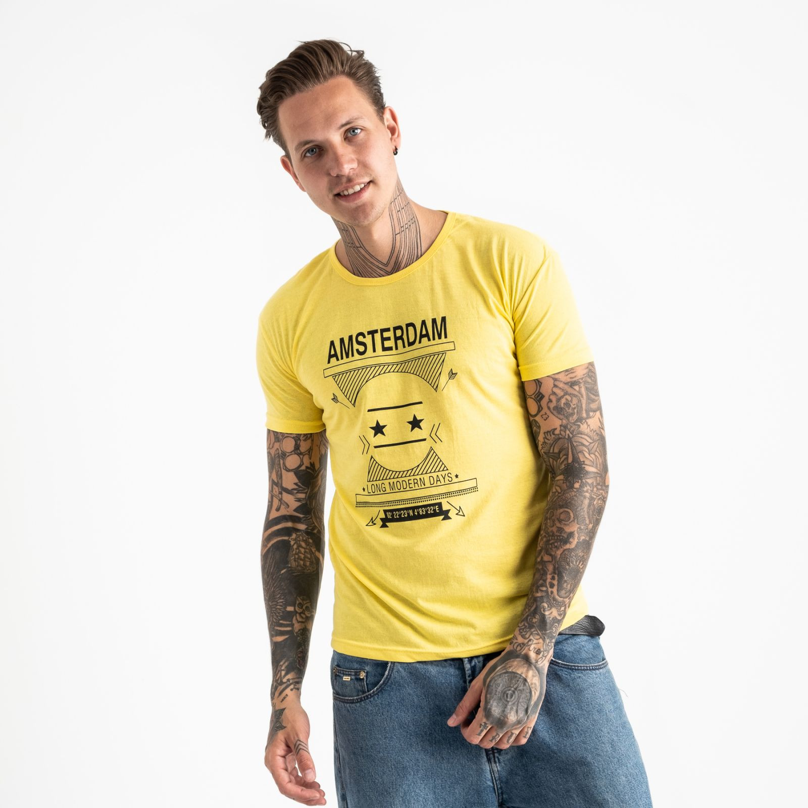 2604-6 желтая футболка мужская с принтом (4 ед. размеры: M.L.XL.2XL)