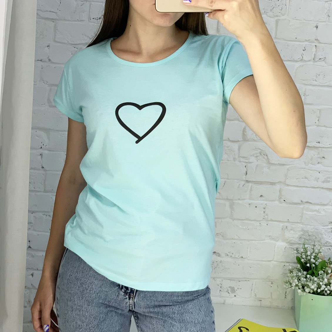 7029-4 БИРЮЗОВАЯ футболка женская с принтом (3 ед. размеры : M.L.XL)