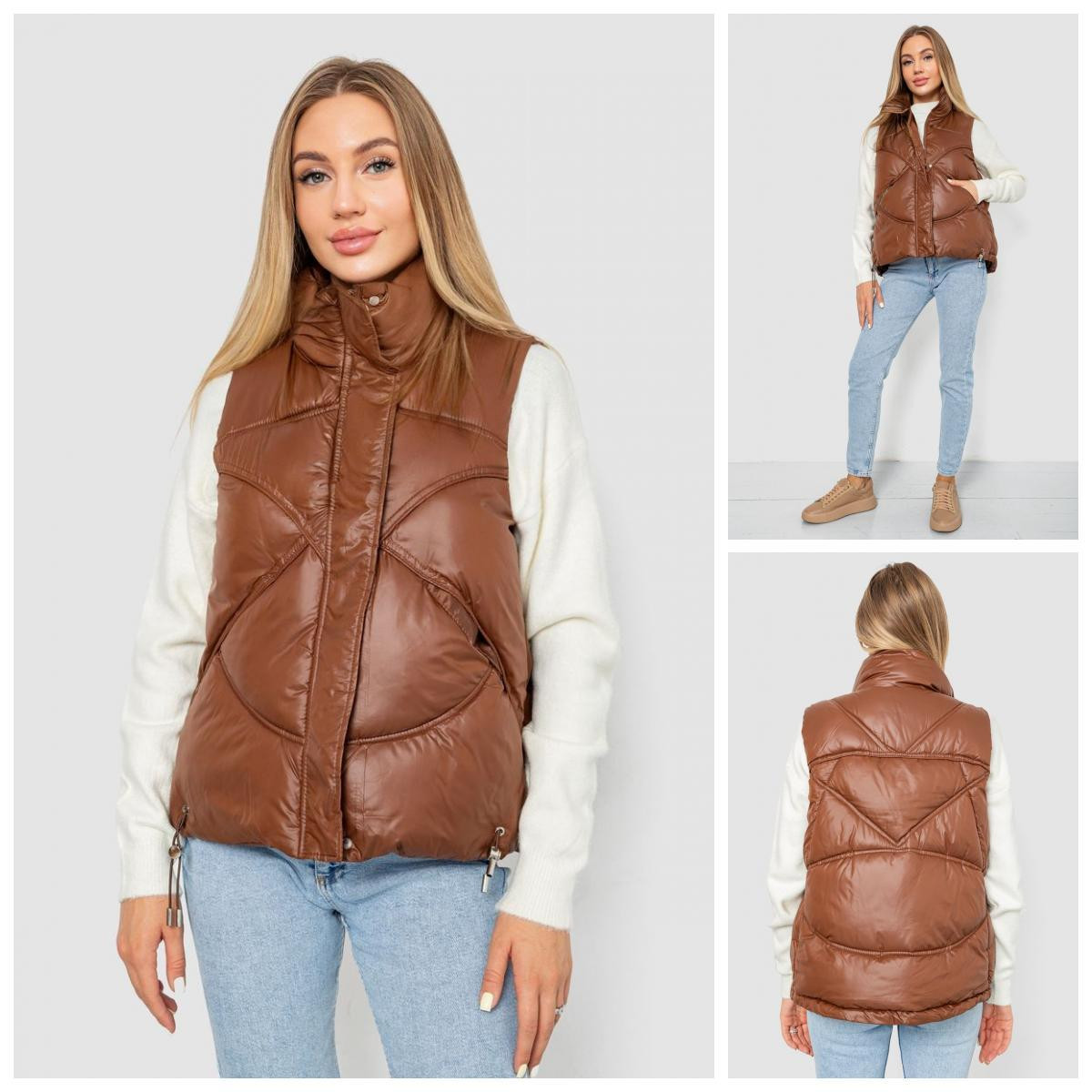 0915-9* коричневая женская жилетка (синтепон, 5 ед. размеры норма: M. L. XL. 2XL, могут повторяться) выдача на следующий день                                            