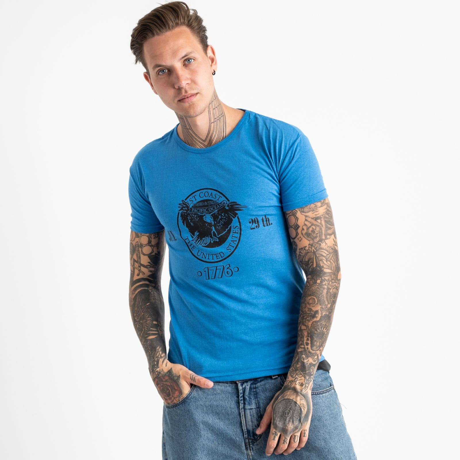 2606-12 темно-голубая футболка мужская с принтом (4 ед. размеры: M.L.XL.2XL)