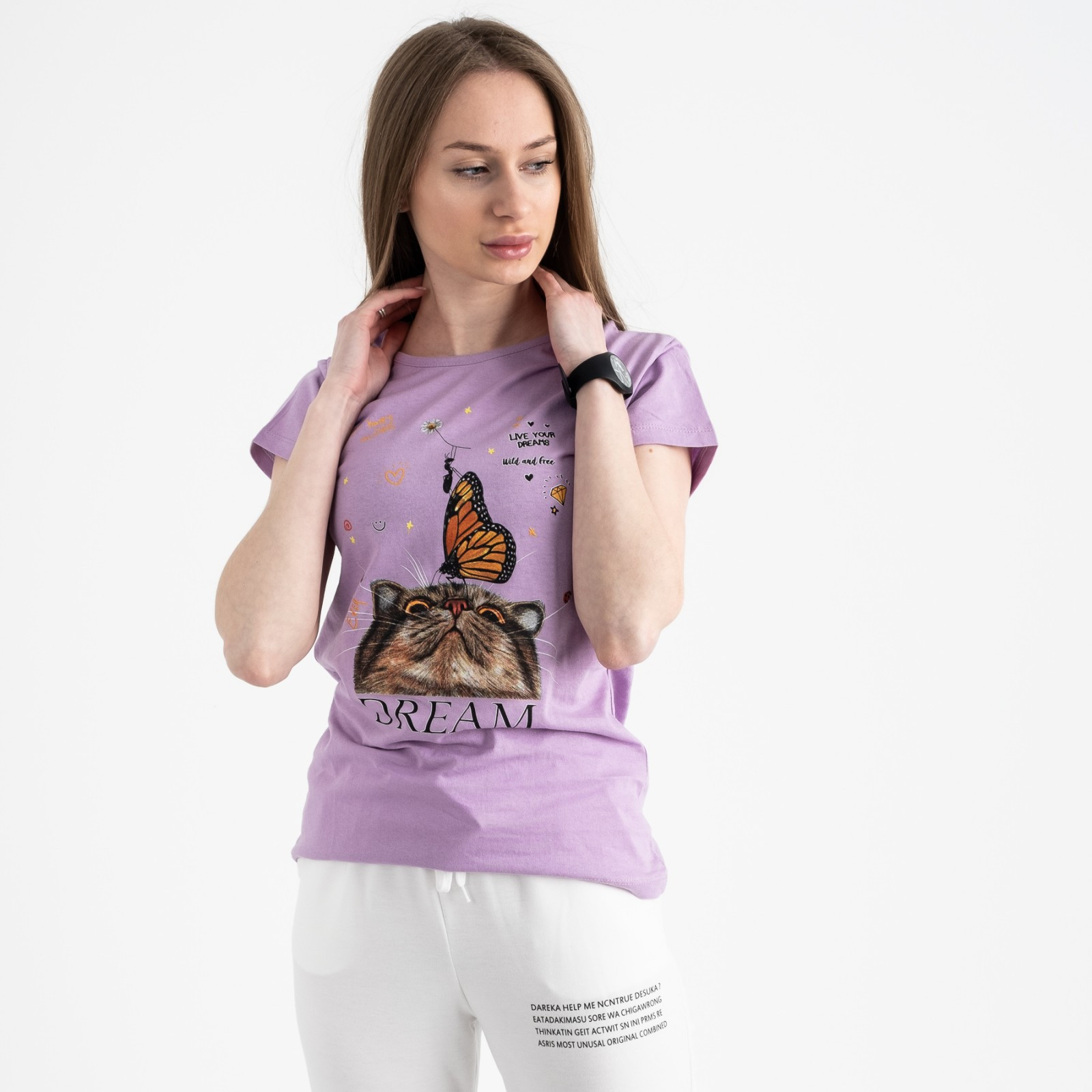 2516-7 Akkaya лиловая футболка женская с принтом стрейчевая (4 ед. размеры: S.M.L.XL)