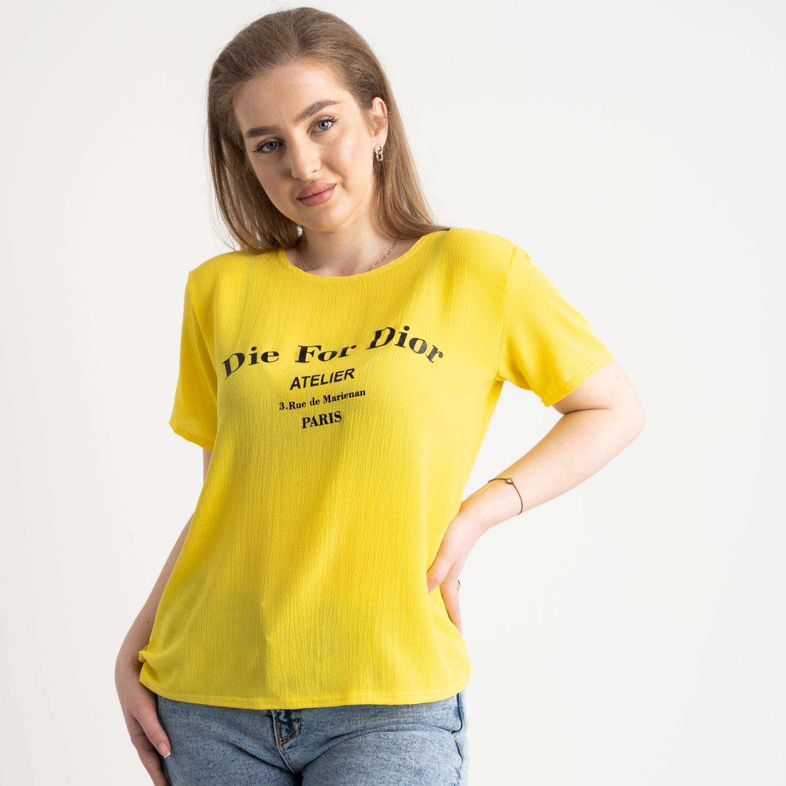2024-6  желтая  футболка женская полубатальная с принтом (5 ед. размеры: 52.54.56.58.60)
