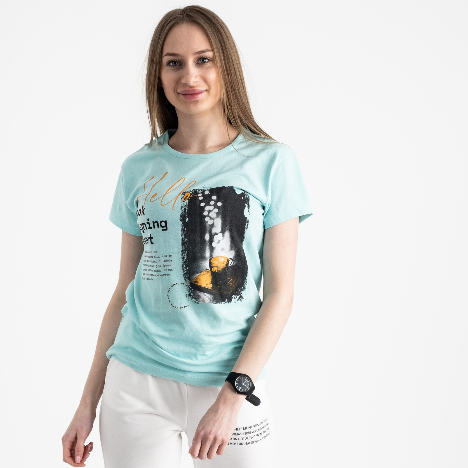 2504-4 Akkaya бирюзовая футболка женская с принтом стрейчевая (4 ед. размеры: S.M.L.XL)