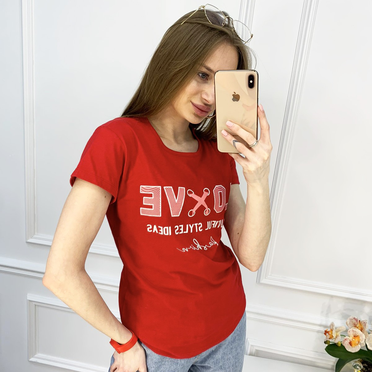 2518-3 Akkaya красная футболка женская с принтом стрейчевая (4 ед. размеры: S.M.L.XL)
