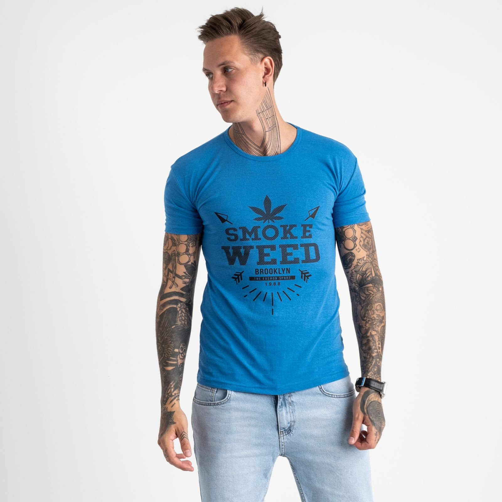 2613-12 голубая футболка мужская с принтом (4 ед. размеры: M.L.XL.2XL)