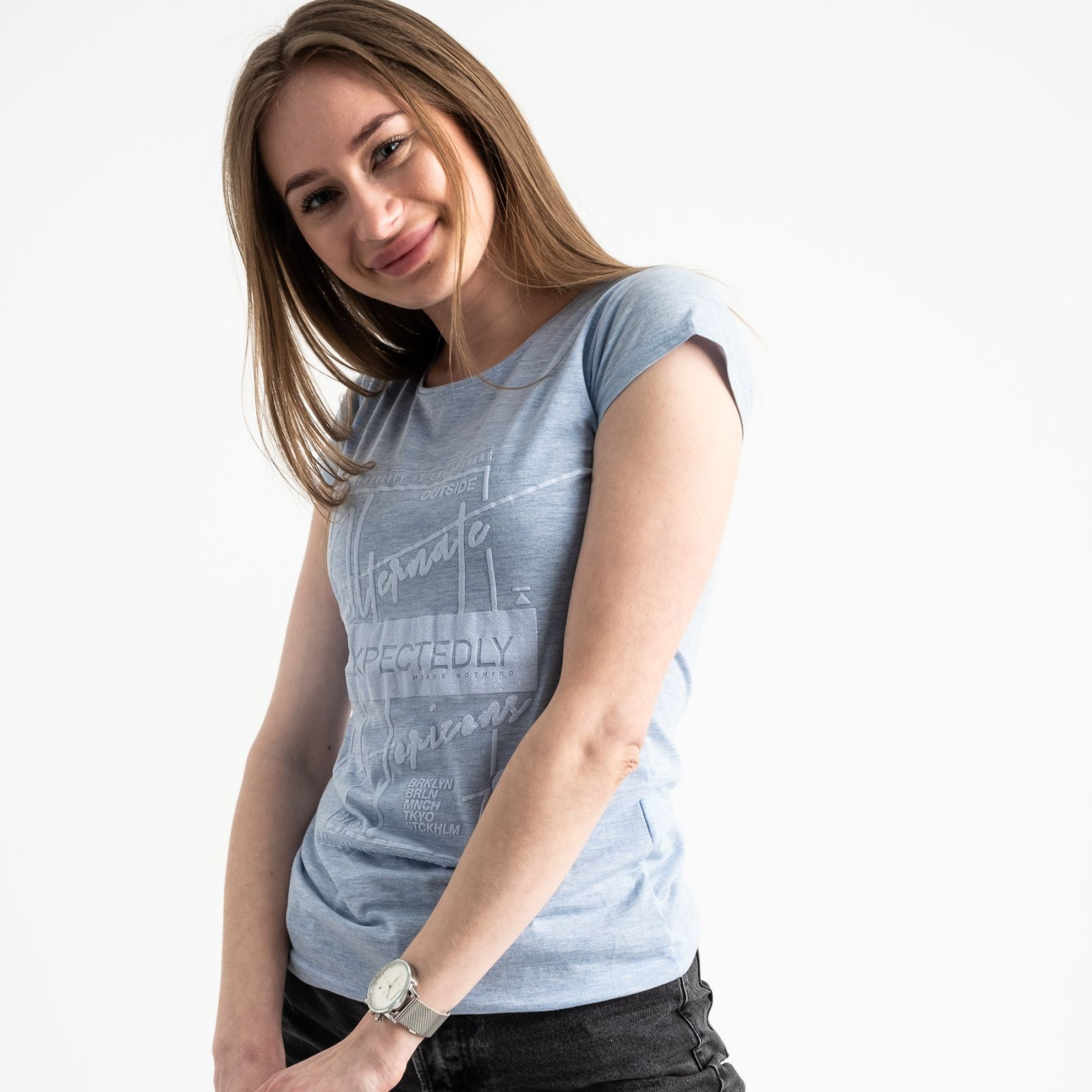 2590-9 Geso синяя футболка женская с принтом (4 ед. размеры: S.M.L.XL)