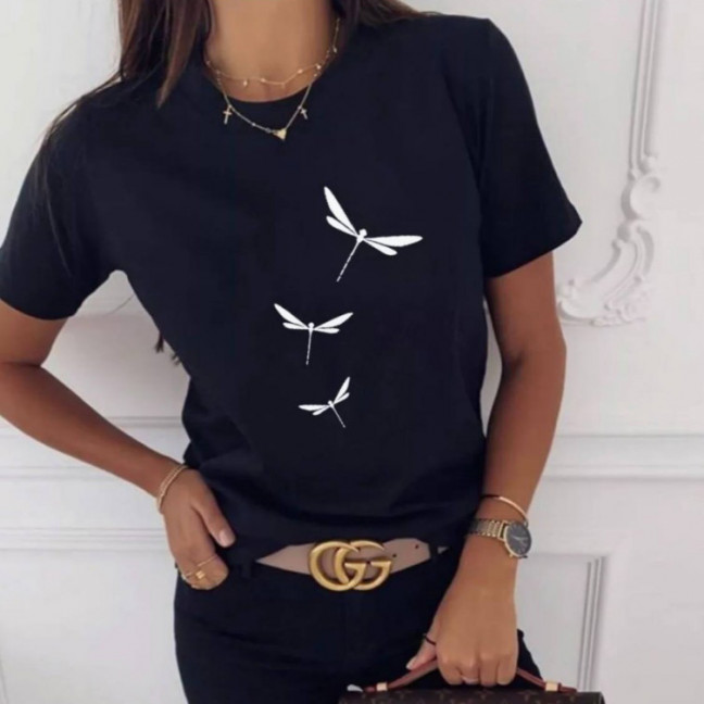 2057-1 черная женская футболка с принтом (турецкий трикотаж, 5 ед. размеры норма: S. M. L. XL. 2XL) Футболка: артикул 1144114