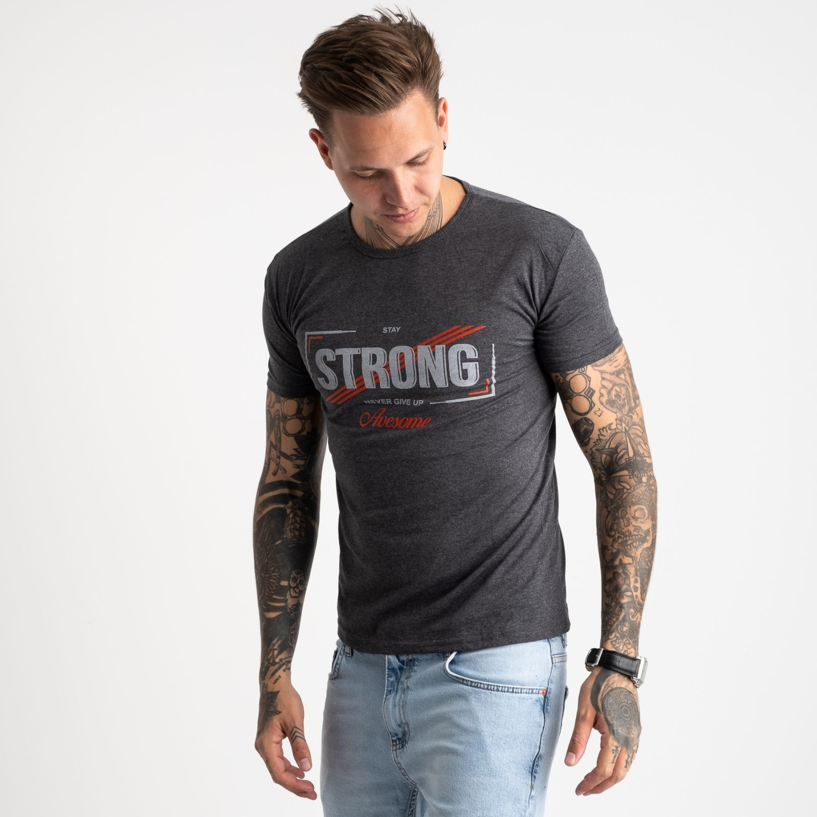 2612-16 темно-серая футболка мужская с принтом (4 ед. размеры: M.L.XL.2XL)