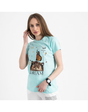 2516-4 Akkaya бирюзовая футболка женская с принтом стрейчевая (4 ед. размеры: S.M.L.XL)