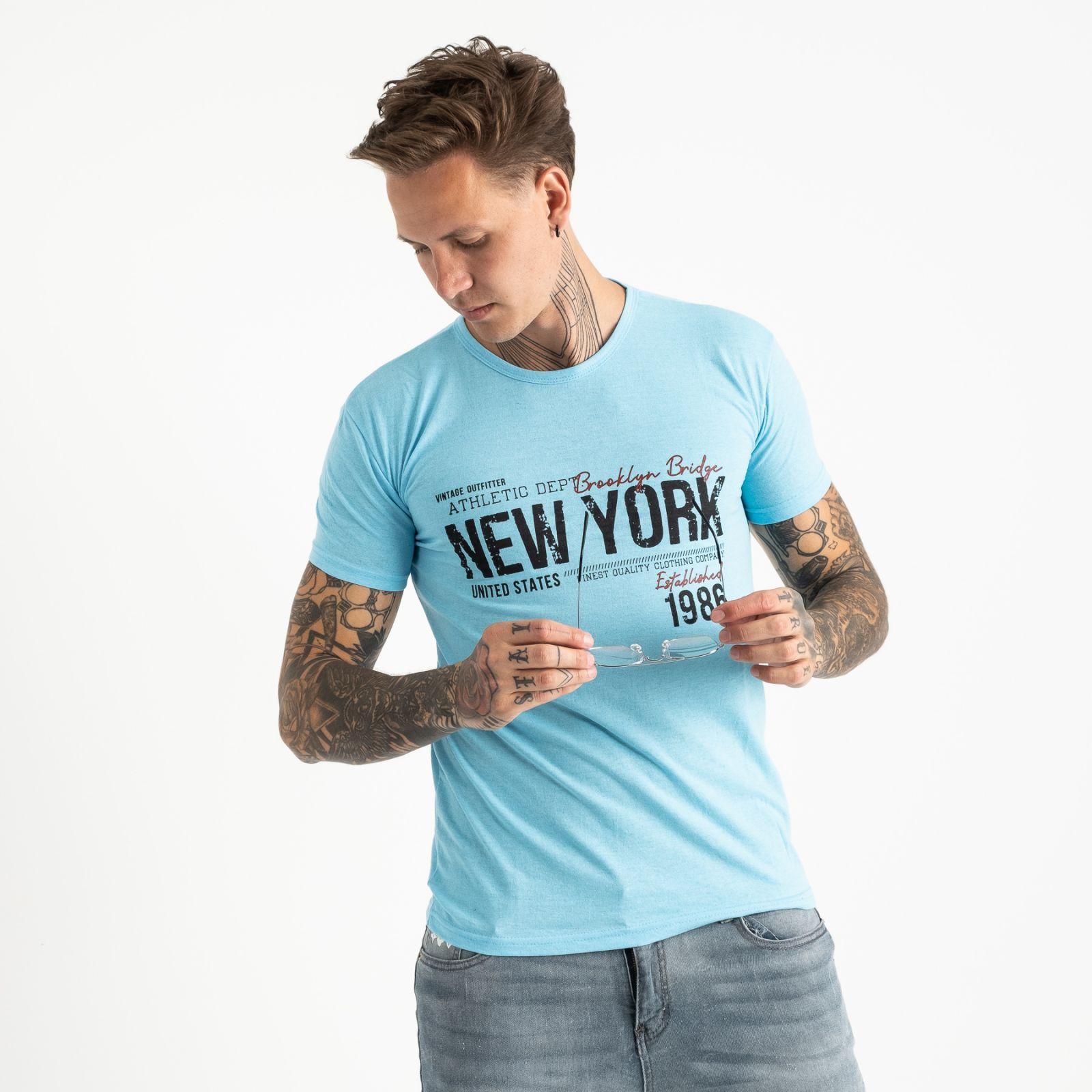 2615-13 голубая футболка мужская с принтом (4 ед. размеры: M.L.XL.2XL)
