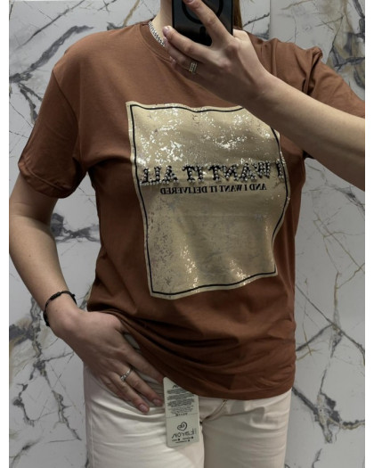4658-9* коричневая женская футболка (коттон, 6 ед. размеры норма: S. M. L, дублируются) выдача на следующий день Футболка