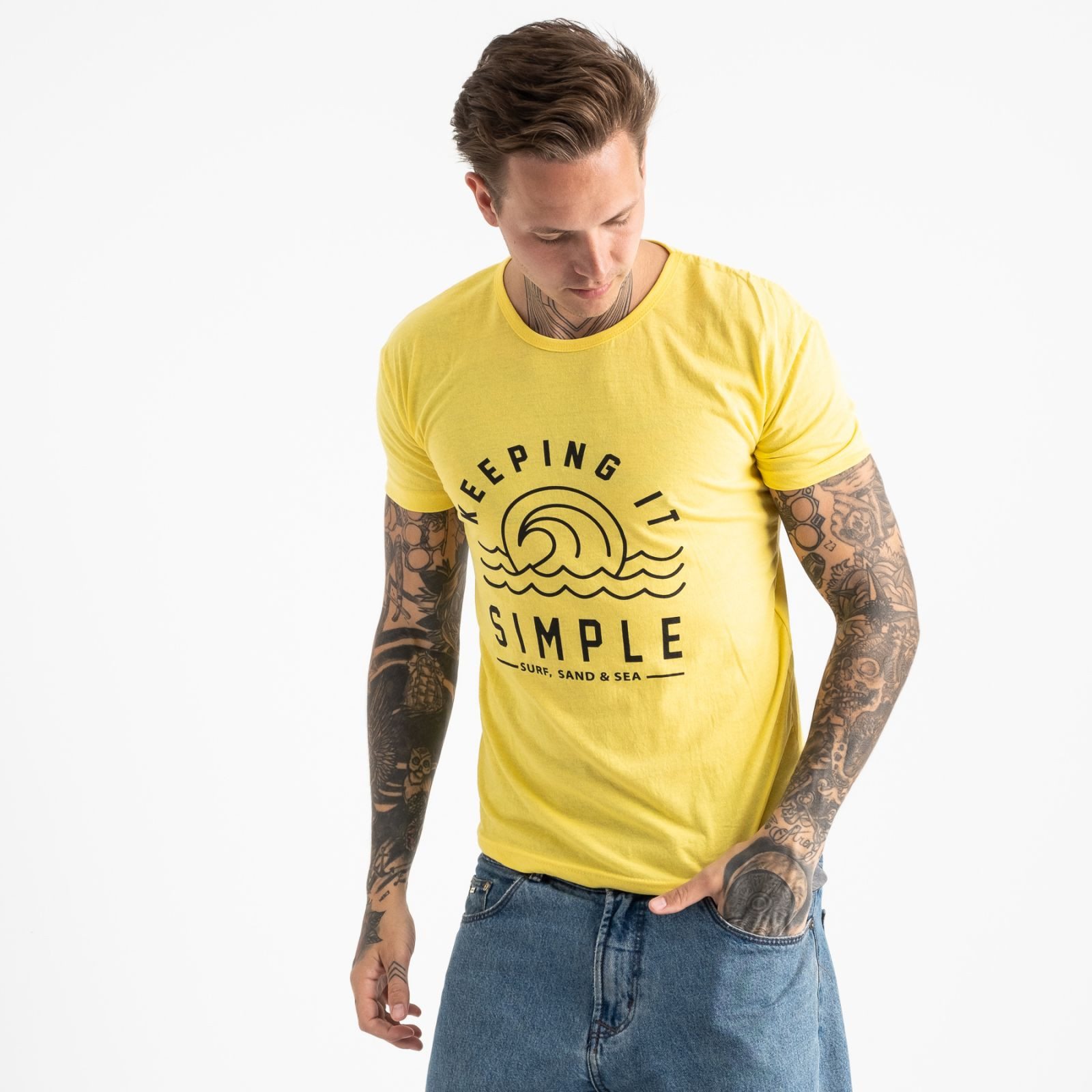 2605-6 желтая футболка мужская с принтом (4 ед. размеры: M.L.XL.2XL)