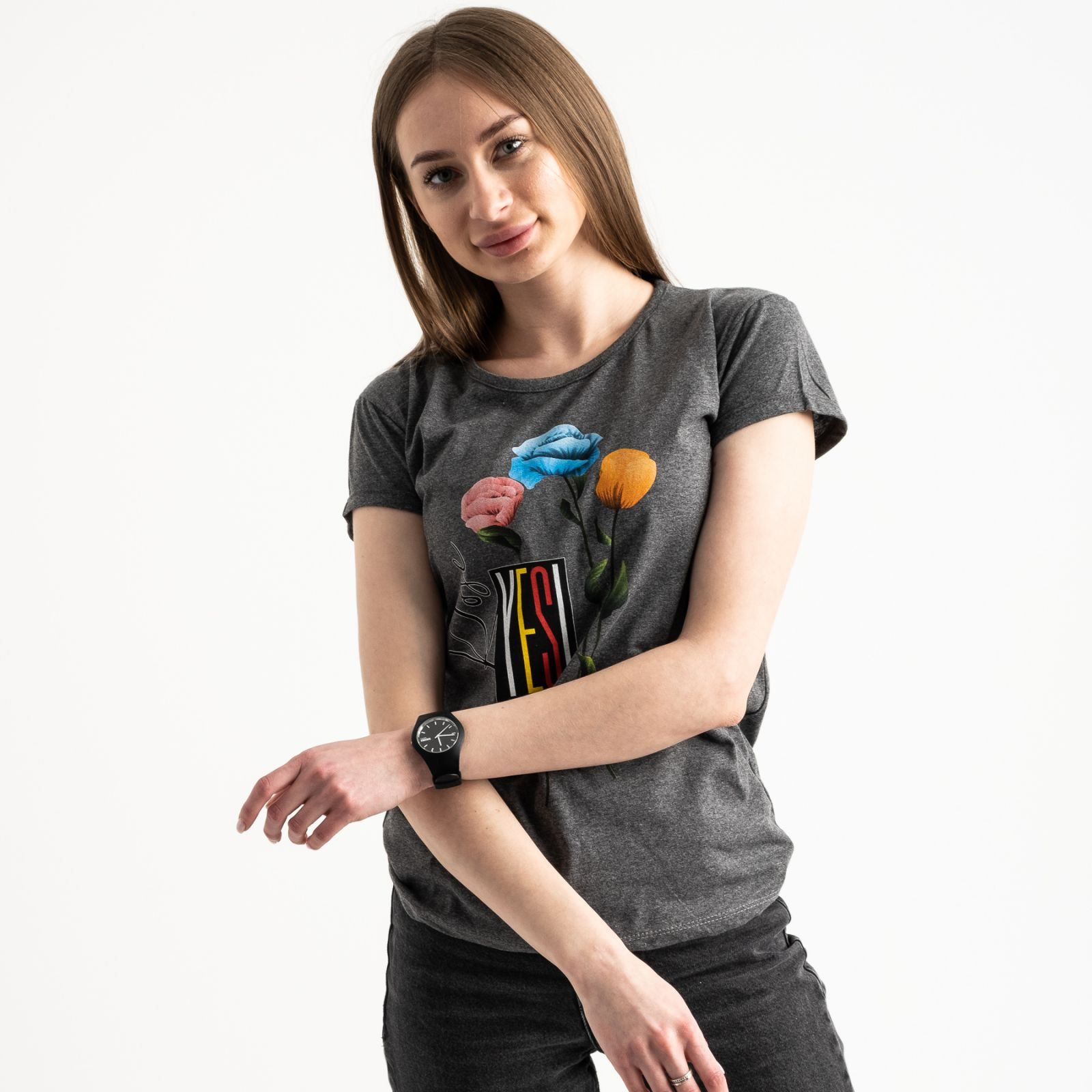 2582-7 темно-серая футболка женская с принтом (3 ед. размеры: S.M.L)