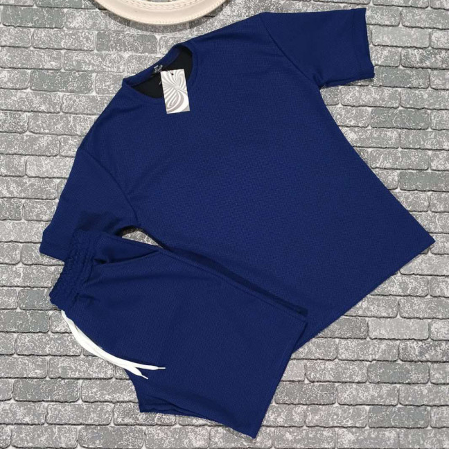 5686-22* выдача в субботу 08.06 темно-синий женский спортивный костюм (футболка + шорты) (MHD, ткань кукуруза, 4 ед. размеры норма: S. M. L. XL) MHD: артикул 1147026