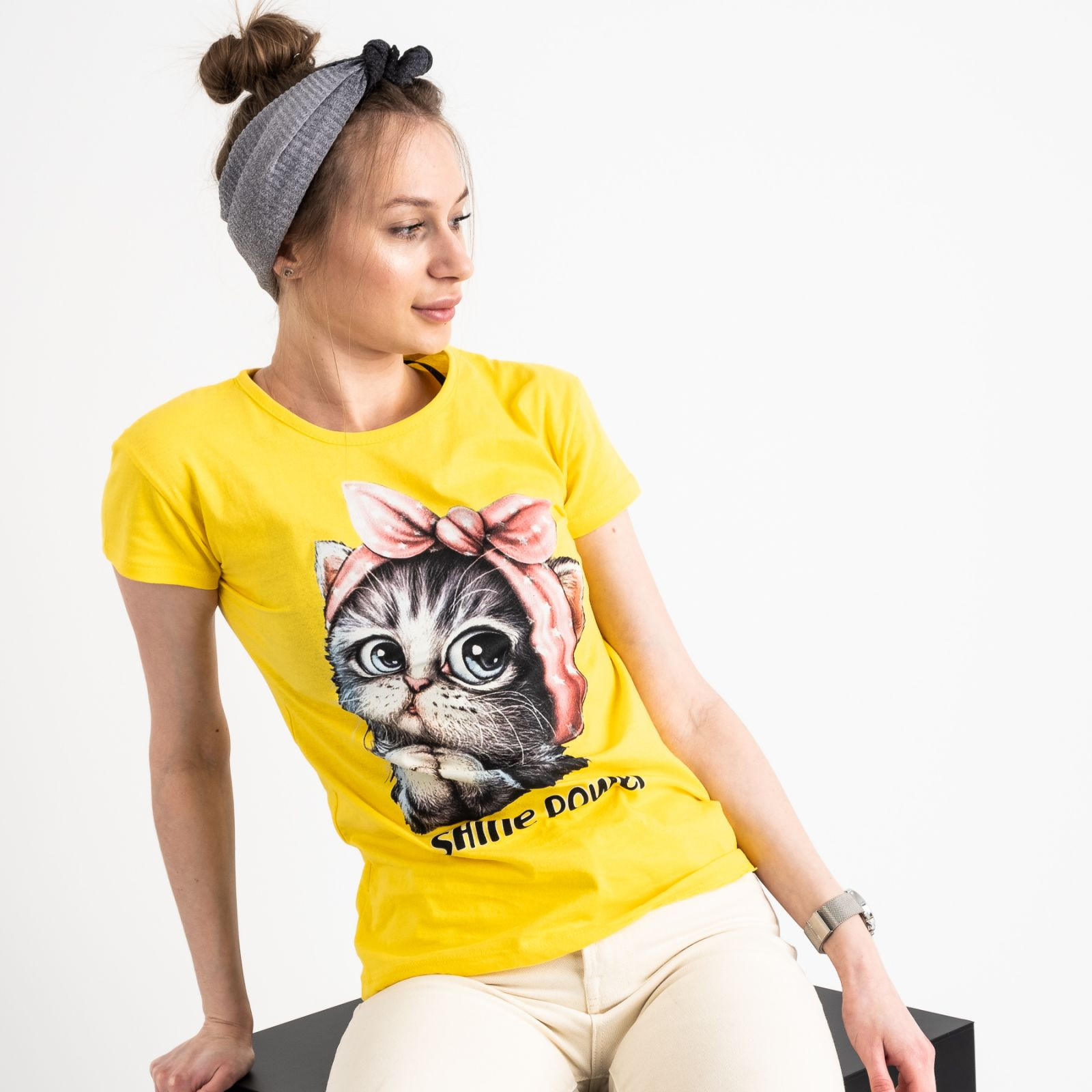 2578-6 желтая футболка женская с принтом (3 ед. размеры: S.M.L)