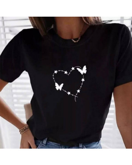 2058-1 черная женская футболка с принтом (турецкий трикотаж, 5 ед. размеры норма: S. M. L. XL. 2XL) Футболка