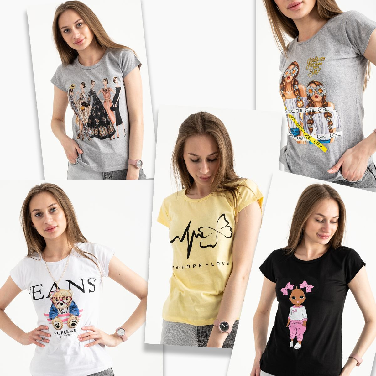 2499-1 футболка женская микс 5-ти моделей и цветов без выбора цветов (20 ед. размеры: S/5.M/5.L/5.XL/5)
