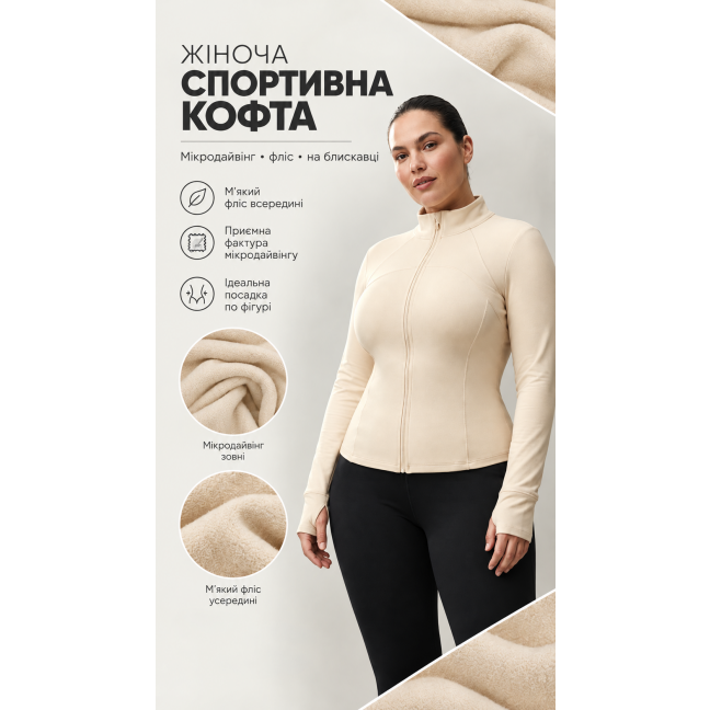 7051-104 молочна жіноча спортивна кофта на флісі (мікродайвінг, на змійці, 4 од, розміри норма: M. XL. 2XL. 2XL) Спортивна Кофта Спортивна кофта: артикул 1165700