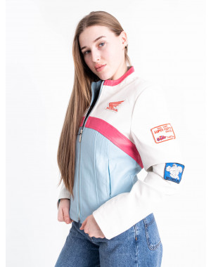0863-422 бело-голубая женская куртка (AOLONG, "Formula 1 street racing", экокожа, 2 ед. размеры норма: S. М)