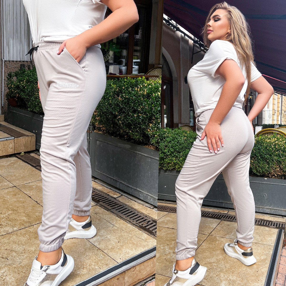 1106-23 БЕЖЕВЫЕ спортивные брюки женские батальные из двунитки (4 ед размеры: 2XL.3XL.4XL.5XL)
