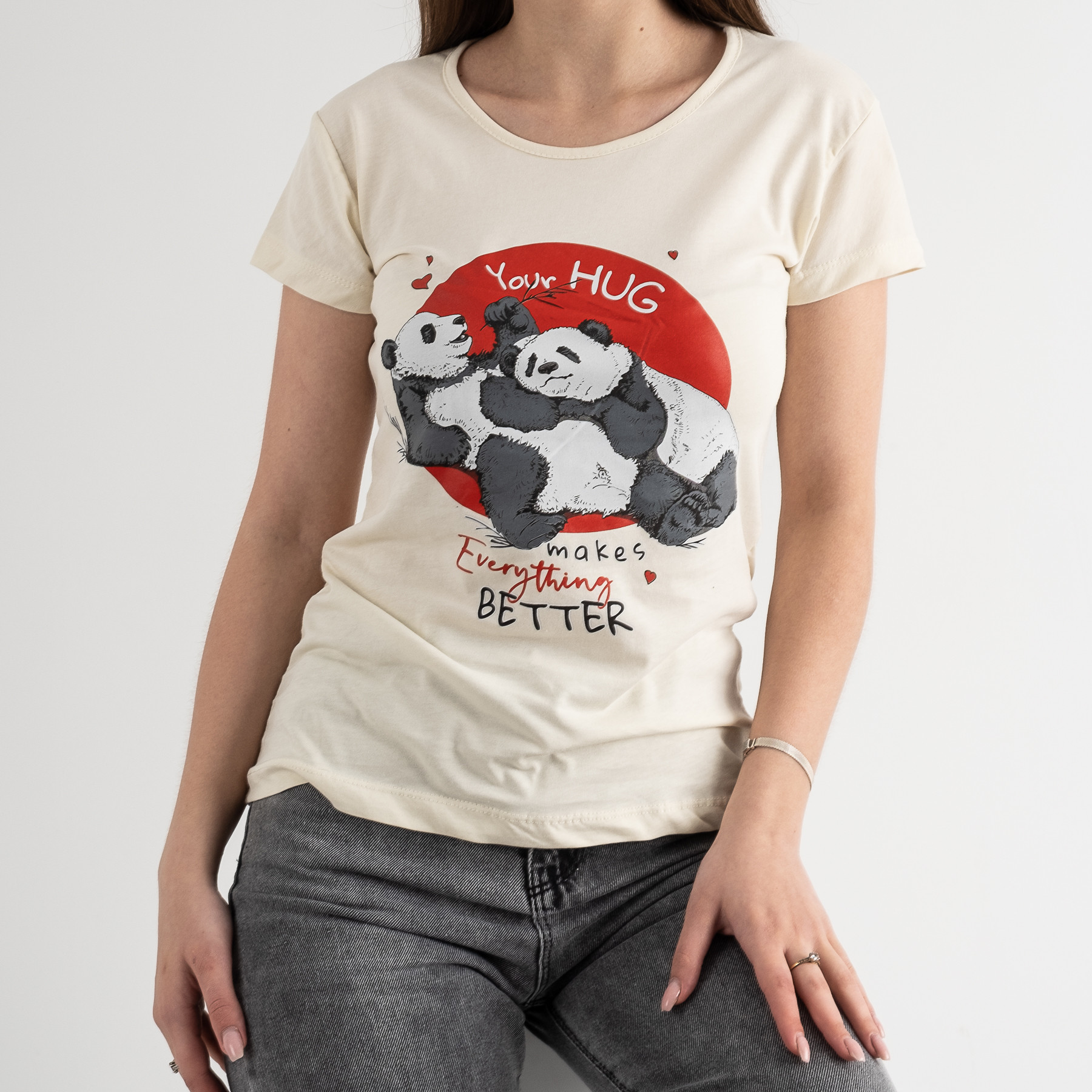5007-3 МОЛОЧНАЯ Kafkame футболка женская с принтом ( 4 ед. размеры : S.M.L.XL)