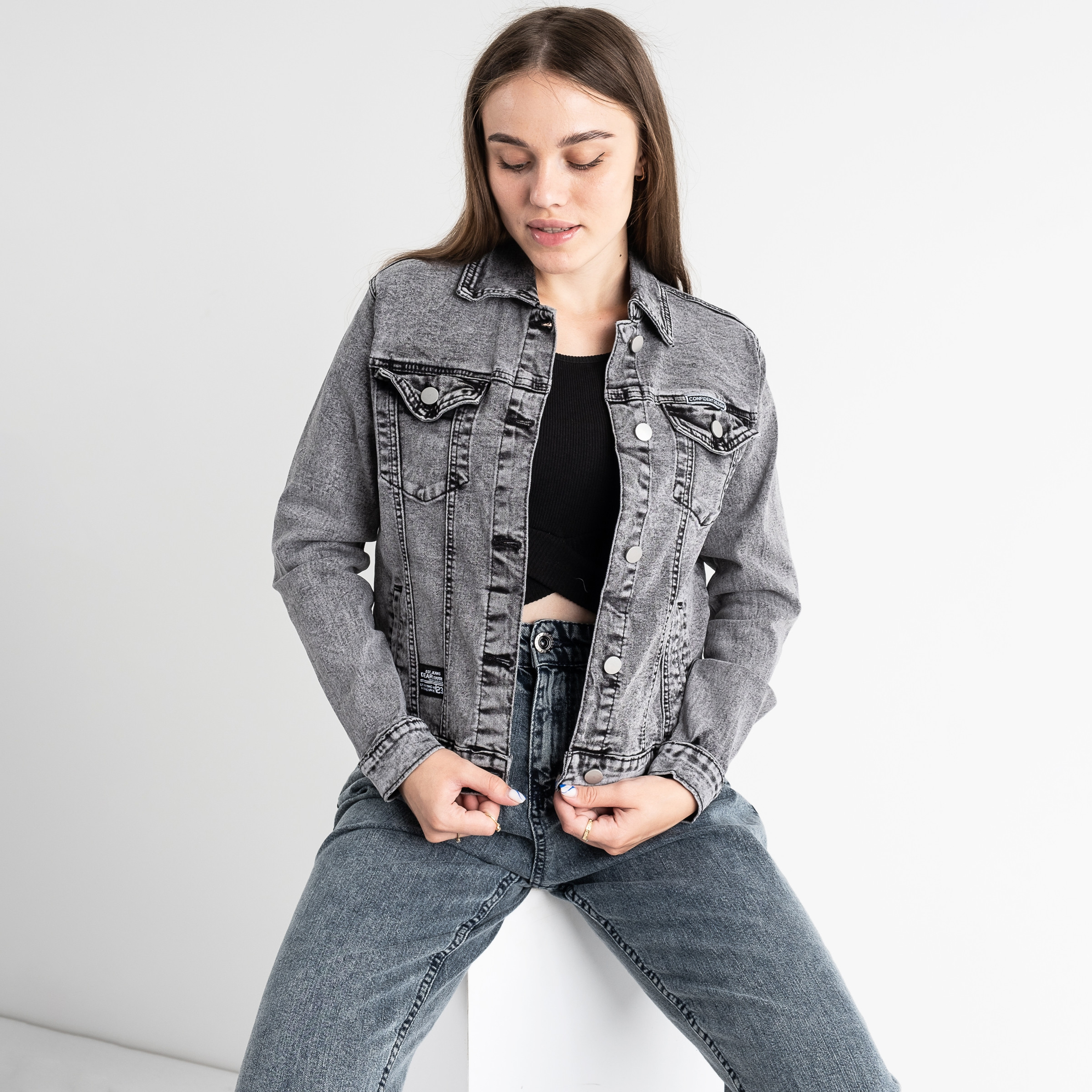 0905 New Jeans джинсовая куртка женская серая стрейчевая (6 ед. размеры: XS.S.M.L.XL.2XL)
