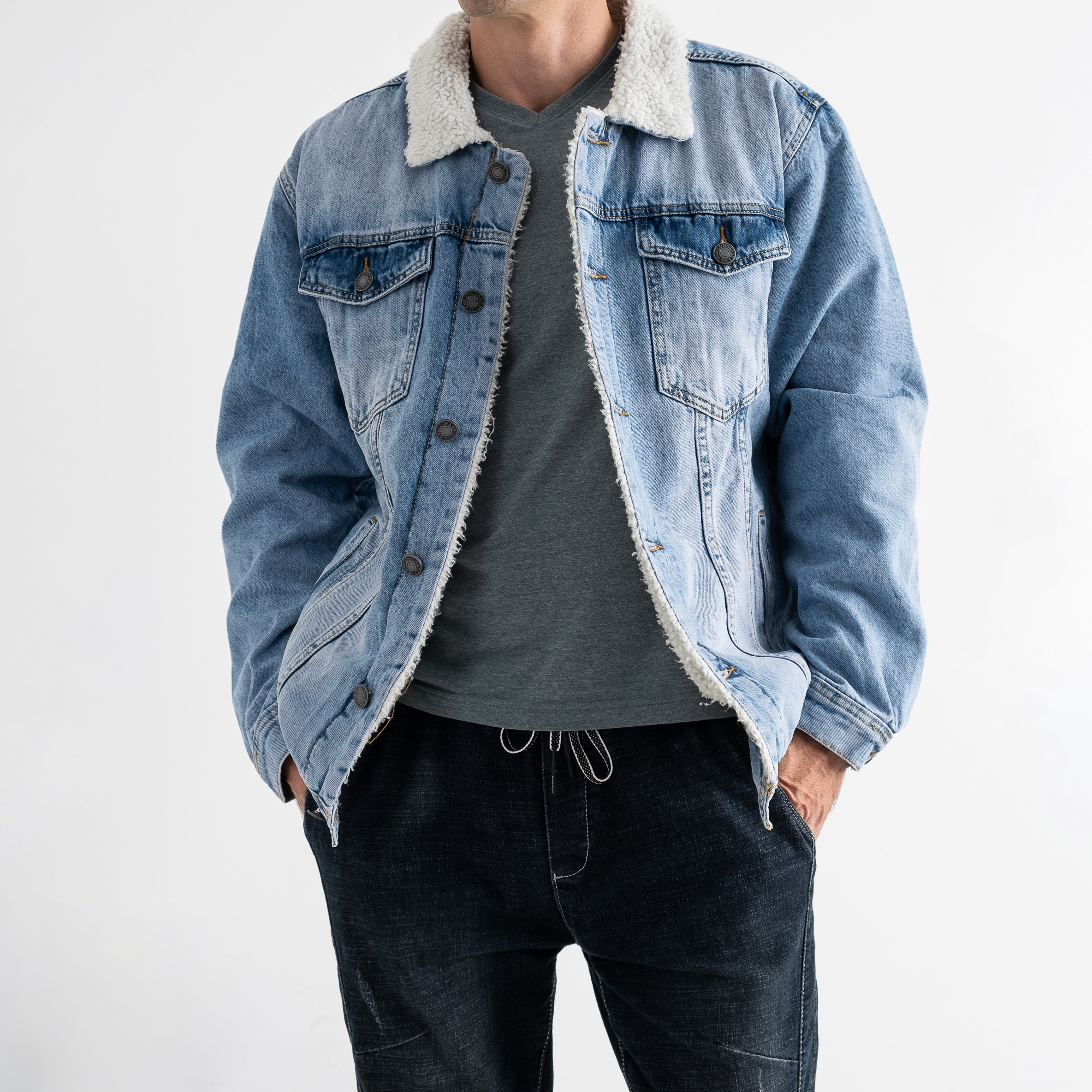 0515 Long Li джинсовая куртка на меху мужская голубая котоновая (6 ед. размеры: S.M.L.XL.2XL.3XL)