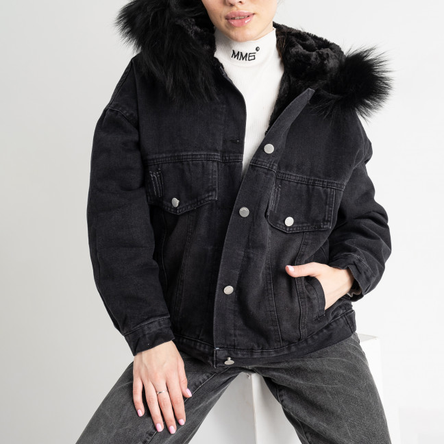 1520-1 ЧЕРНЫЙ МЕХ джинсовая куртка женская с капюшоном (2 ед. размеры: M.L) Куртка: артикул 1130797