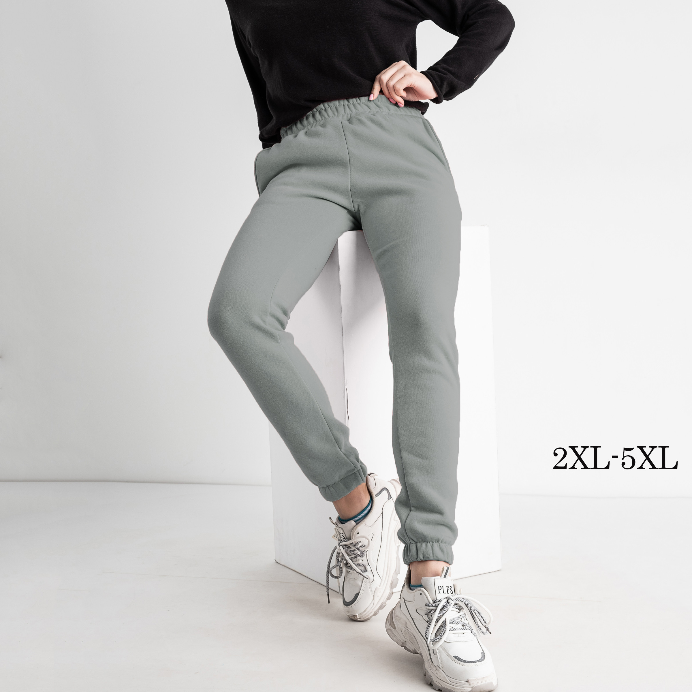 1115-6 СВЕТЛО-СЕРЫЕ БАТАЛЬНЫЕ спортивные штаны женские из трехнитки на флисе (5 ед. размеры: 2XL.3XL/2.4XL.5XL)