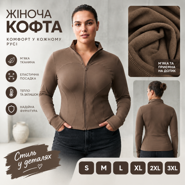 0060-3 * мокко жіноча спортивна кофта на флісі (мікродайвінг, на змійці, 6од, розміри норма: S. M. L. XL. 2XL. 3XL) видача наступного дня JELEEY: артикул 1165395