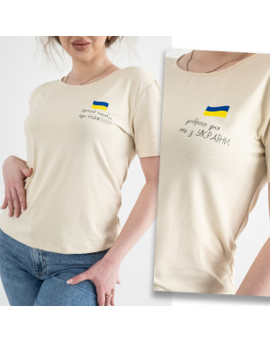 8263 МИКС ПРИНТОВ бежевая футболка женская полубатальная патриотическая (4 ед.размеры: M.L.XL/2)