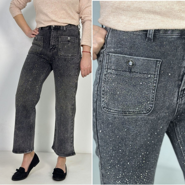 7012 темно серые женские джинсы с камнями (New Jeans, укороченые, стрейчевые, 6 ед, размеры норма: 25. 26. 27. 28. 29. 30 )   Джинсы: артикул 1160403