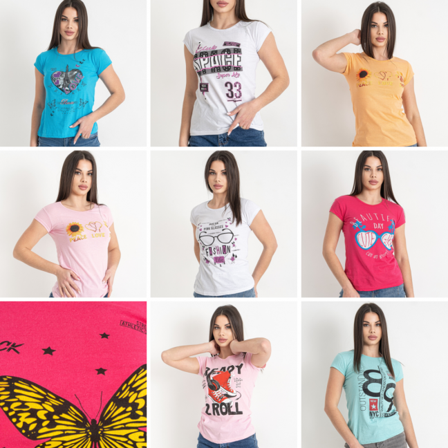 7770-99 микс моделей и расцветок без выбора женская футболка (Турция, 4 ед. размеры норма: S. M. L. XL) Футболка: артикул 1143681