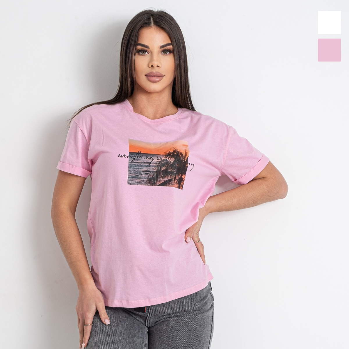 50151 белая и розовая женская футболка (MINIMAL, 5 ед. размеры на бирках S. M, соответствуют 44-46, 48-50, норма-полубатал)