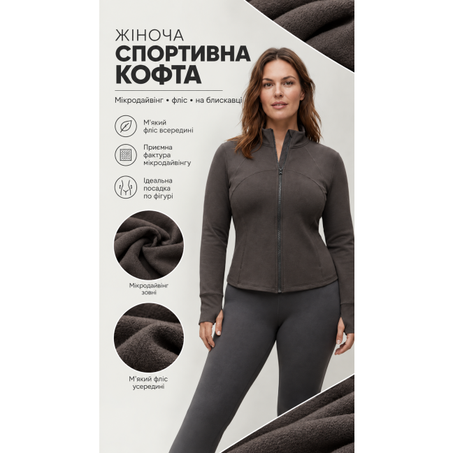 7051-64 сірі жіноча спортивна кофта на флісі (мікродайвінг, на змійці, 3 од, розміри норма: L. L. XL) Спортивна Кофта Спортивна кофта: артикул 1165702