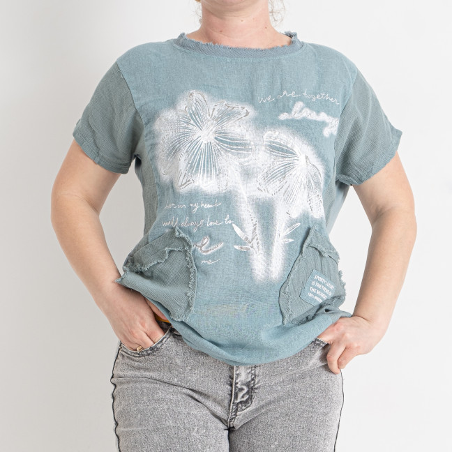 3566-72 бирюзовая женская футболка (лён, принт, 4 ед. размеры батал: 3XL. 4XL. 5XL. 6XL) Футболка: артикул 1144718
