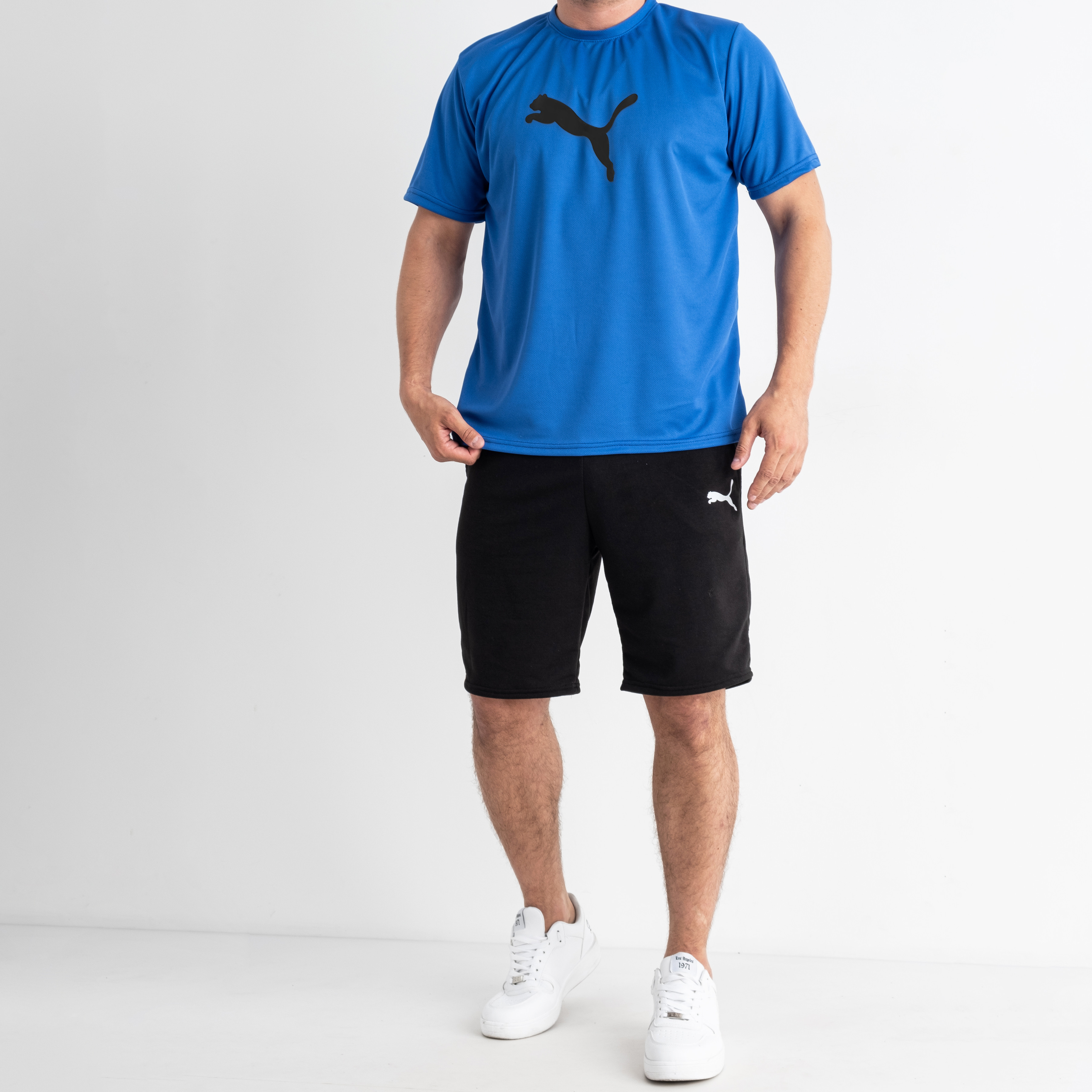 3365-25 СИНИЙ спортивный костюм мужской (футболка + шорты) С ЧЁРНЫМ ПРИНТОМ (5 ед. размеры: M.L.XL.2XL.3XL)