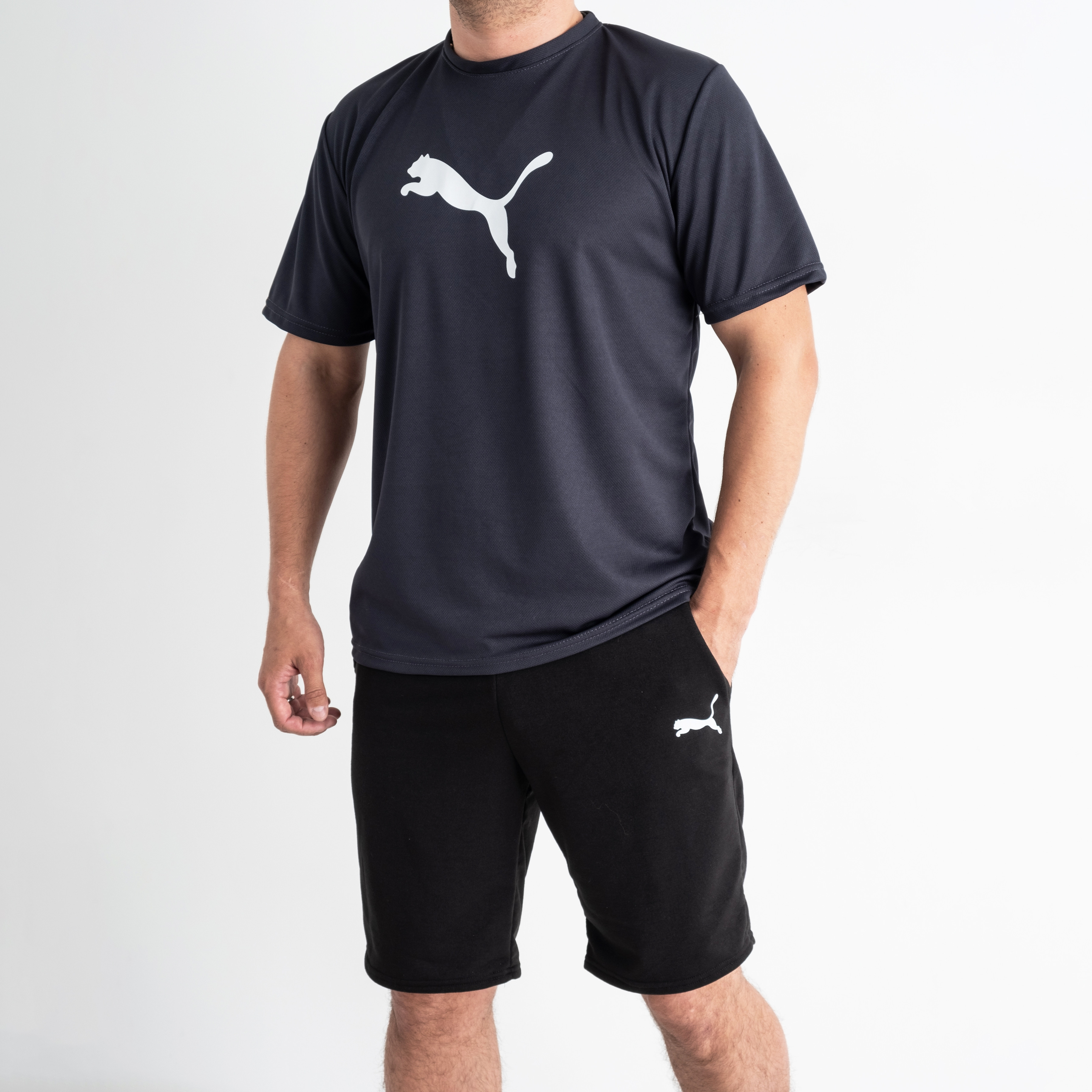 3365-6 ТЁМНО СЕРЫЙ спортивный костюм мужской (футболка + шорты) С ПРИНТОМ (5 ед. размеры: M.L.XL.2XL.3XL)