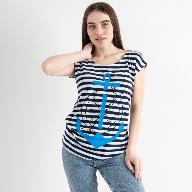 7052-2 БЕЛО-СИНЯЯ футболка женская в полоску с принтом (4 ед.размеры: M.L.XL.2XL) Футболка: артикул 1133367