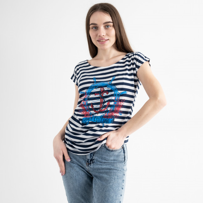 7050-1 БЕЛО-СИНЯЯ футболка женская в полоску с принтом (4 ед.размеры: M.L.XL.2XL) Футболка: артикул 1133365