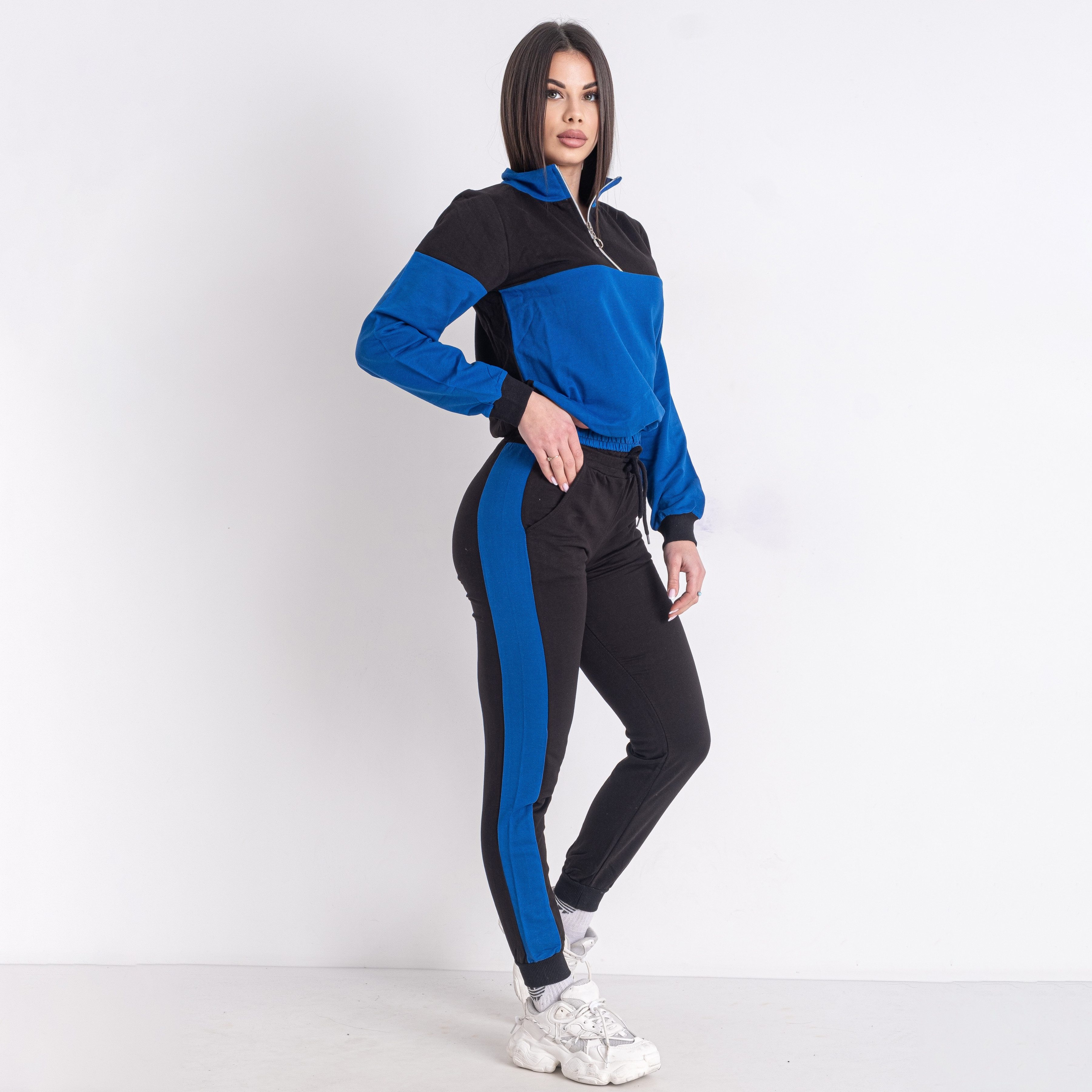 0353-2 черно-синий женский спортивный костюм (двунитка, 4 ед. размеры на бирках: S. M. L. XL, соответствуют молодежке XXS. XS. S. M)