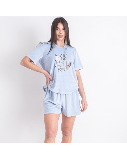 15200-42 голубая женская пижама (футболка + шорты) (SARA, велюровая, 4 ед. размеры полубатал: 46-48. 46-48. 50-52. 50-52) Sara