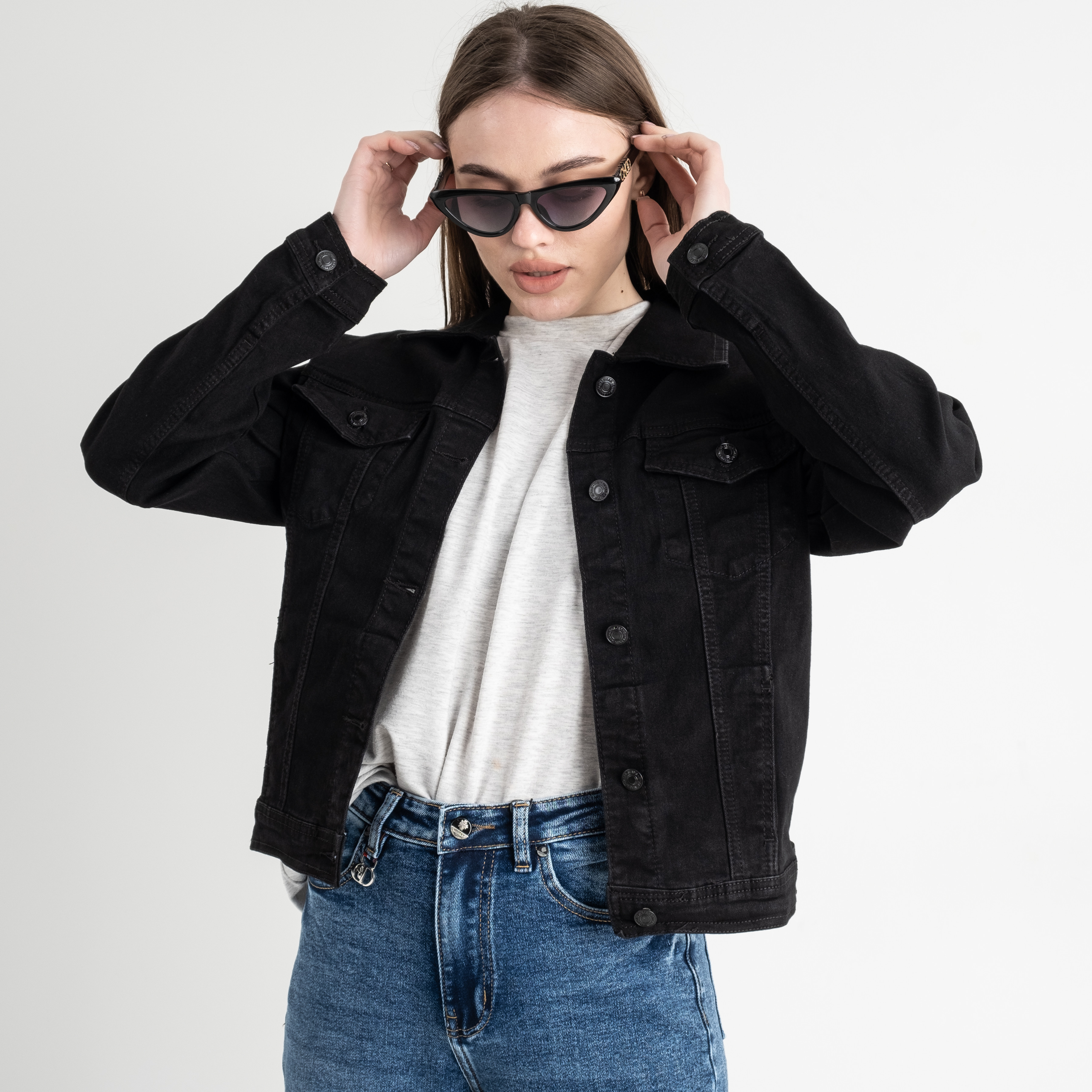 0900 New Jean джинсовая куртка женская черная стрейчевая ( 6 ед.размеры: XS.S.M.L.XL.2XL)
