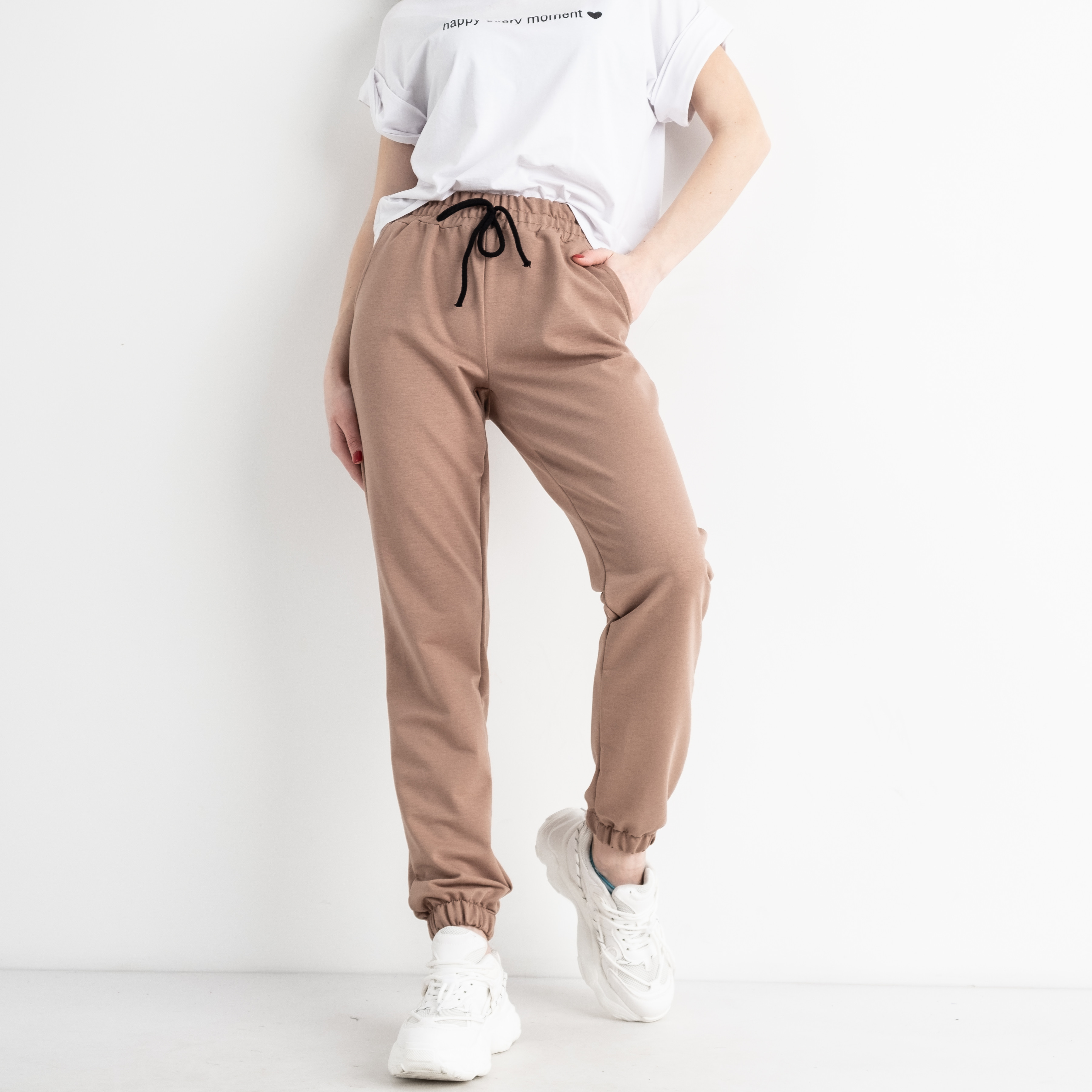 0021-2 СВЕТЛО-БЕЖЕВЫЕ спортивные брюки женские из турецкой двунитки ( 4 ед.размеры: S.M.L.XL) демисезон