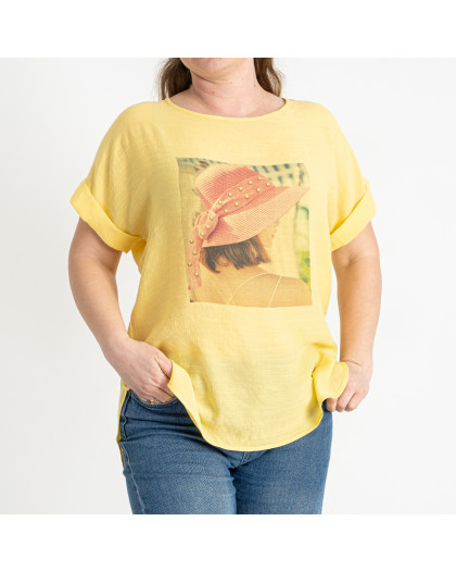 0319-8 желтая женская футболка (JJF, лён, 4 ед. размеры батал: XL. 2XL. 3XL. 4XL) Футболка