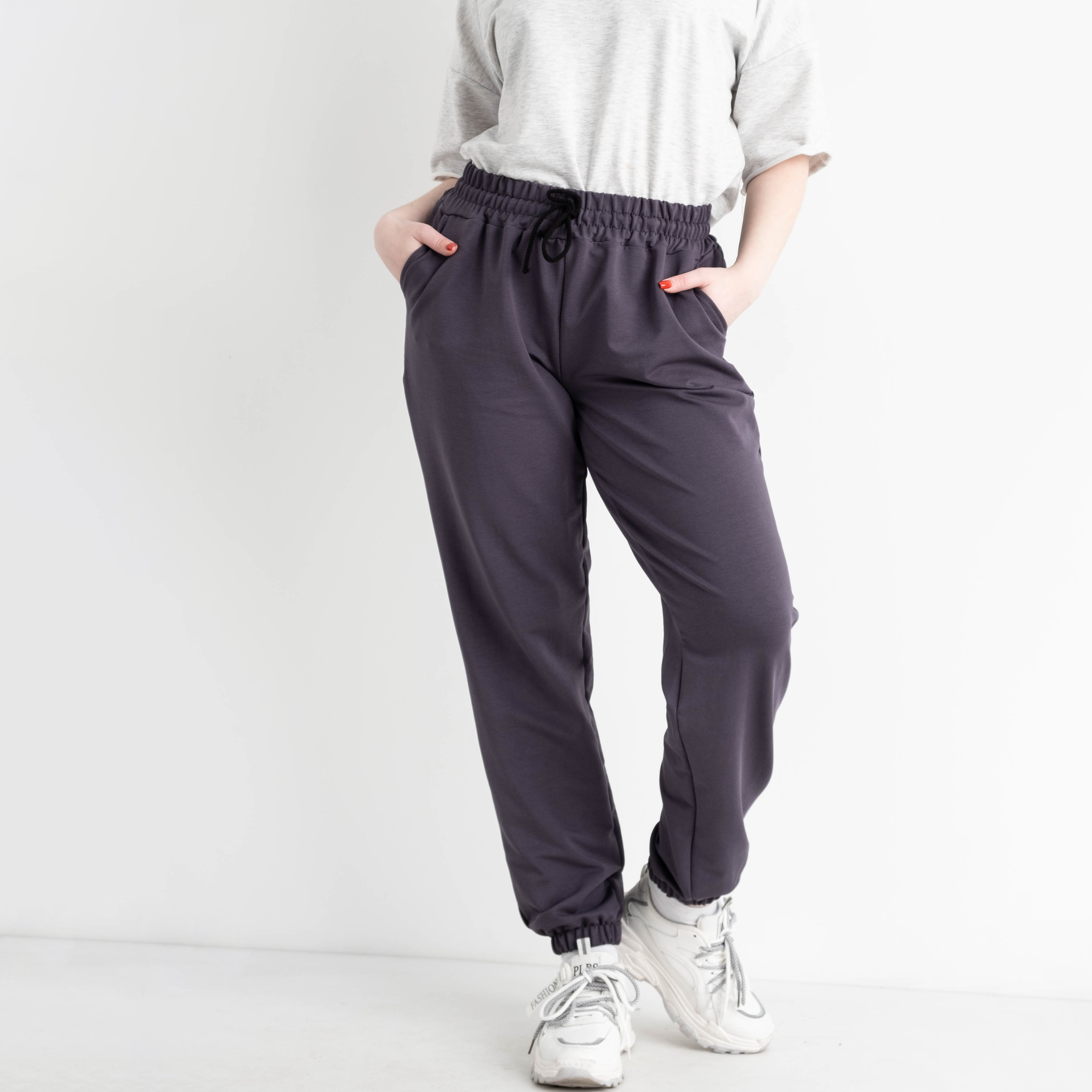 0022-6 ТЕМНО-СЕРЫЕ БАТАЛЬНЫЕ спортивные брюки женские из турецкой двунитки (5'TH AVENUE, 4 ед.размеры: 50.52.54.56) демисезон