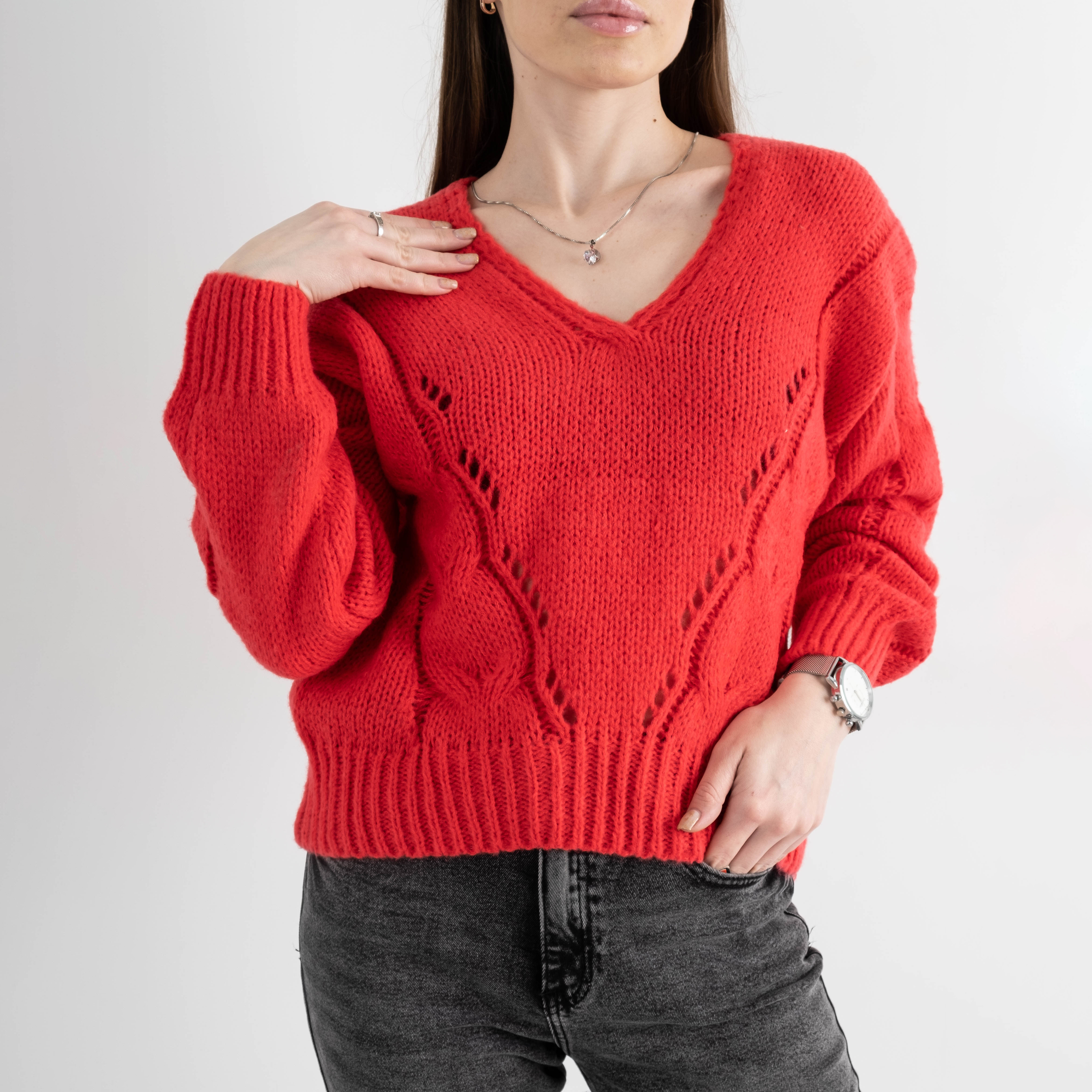 0202-1 КРАСНЫЙ свитер женский вязаный (2 ед.размеры: универсал 42-46)