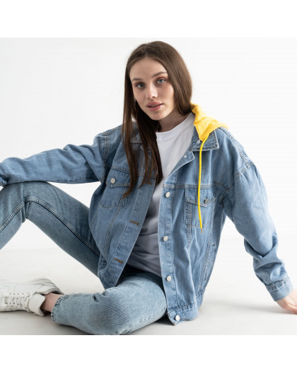 1216-8 ЖЕЛТЫЙ КАПЮШОН FASHION джинсовая куртка женская голубая котоновая (2 ед.размеры: M.L) Fashion