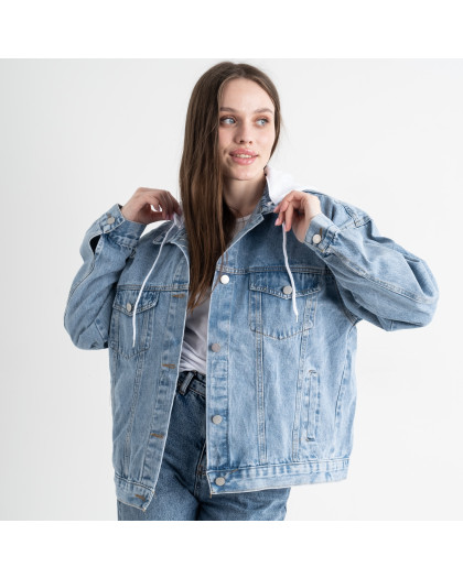 1218-10 FASHION БЕЛЫЙ КАПЮШОН джинсовая куртка женская голубая котоновая ( 2 ед.размеры: M.L) Fashion