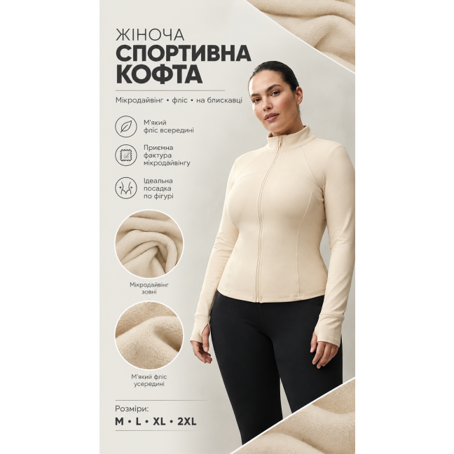 7051-100 молочна жіноча спортивна кофта на флісі (мікродайвінг, на змійці, 4 од, розміри норма: M. L. XL. 2XL) Спортивна Кофта JELEEY: артикул 1165420